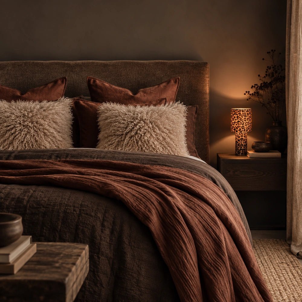 Newark Faux Fur Cushion in soft cream faux fur, styled on a neutral sofa with tactile throws and warm contemporary living room accessories.