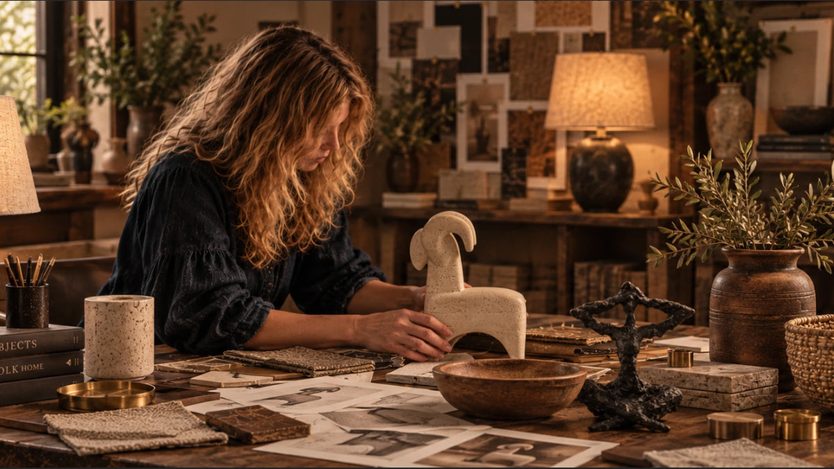 Abigail Ahern styling a sculptural ceramic horse at a studio worktable, surrounded by botanical stems, textured vessels, fabric samples and warmly lit table lamps.