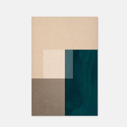 Rectangular print in portrait with abstract cube shapes in blue and brown