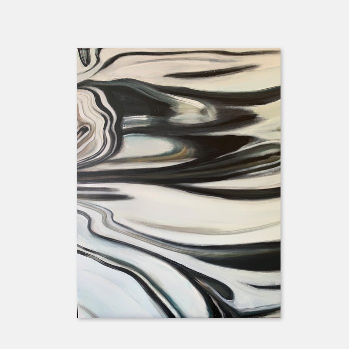 Cutout of Oil Spill 1, an original painting in acrylic on nylon of sweeping curved lines in warm brown, black and creamy hues.