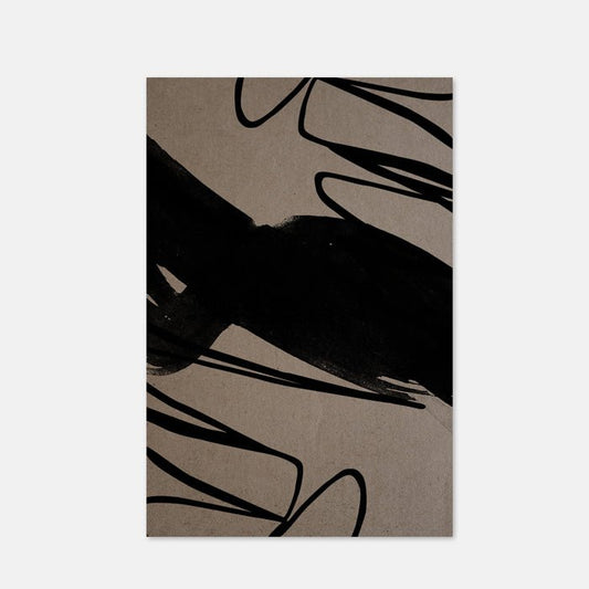Brown print with abstract, curvy black lines and bold brushstrokes