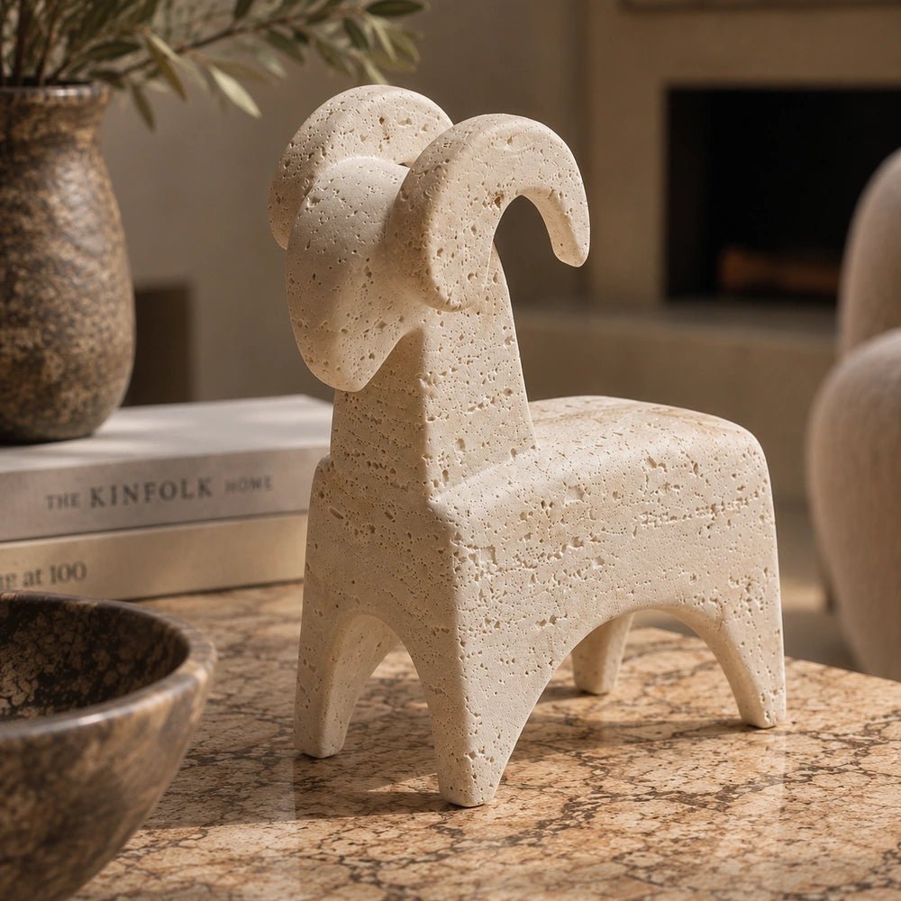 Ram Abstract Sculpture displayed on a styled console with neutral decorative accessories, warm layered textures and contemporary objects surrounding the sculptural piece.