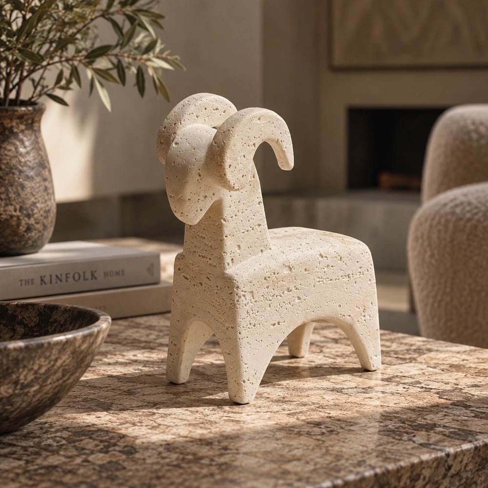 Ram Abstract Sculpture styled on a console among warm neutral decorative objects, layered textures and contemporary interior accessories in a sculptural home vignette.