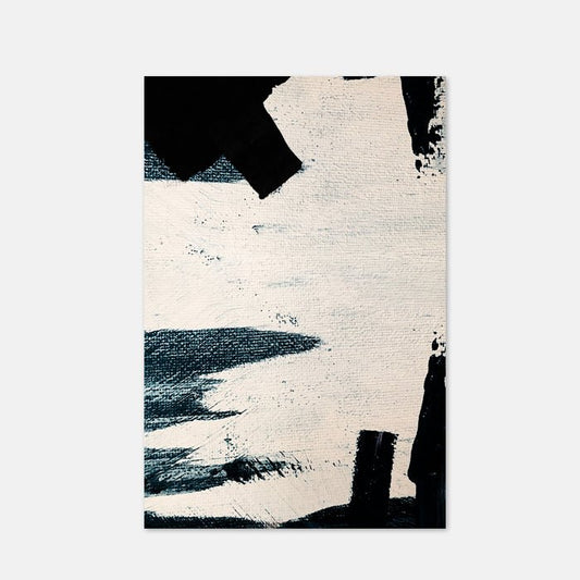 Textured white, blue and black abstract print on a large canvas