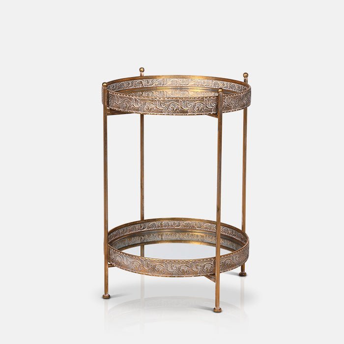 A cutout of the Ritson Mirrored Side Table, a two tiered, round mirrored side table with a bronze frame.