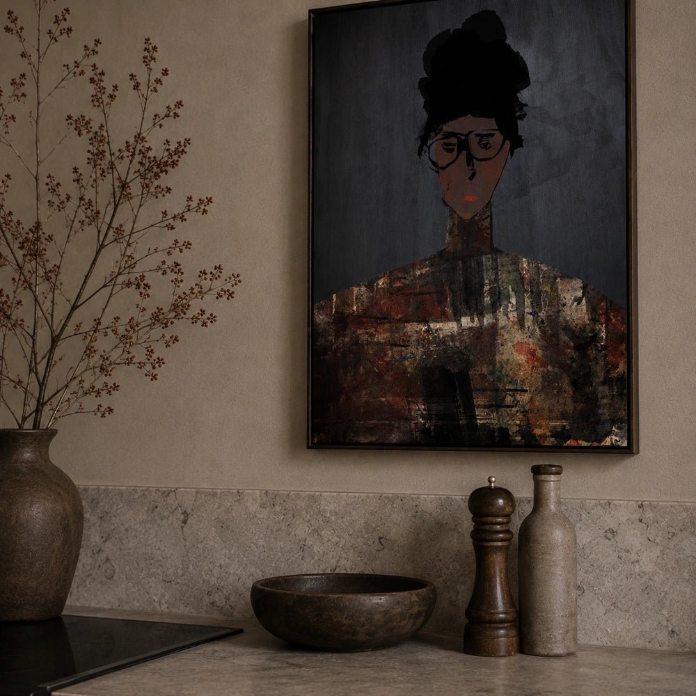 Ruby artwork shown within a warm styled room, paired with neutral furniture, decorative accessories and layered textures for a contemporary interior setting.