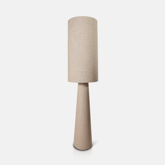 Large floor lamp with tapered design, finished in beige linen.