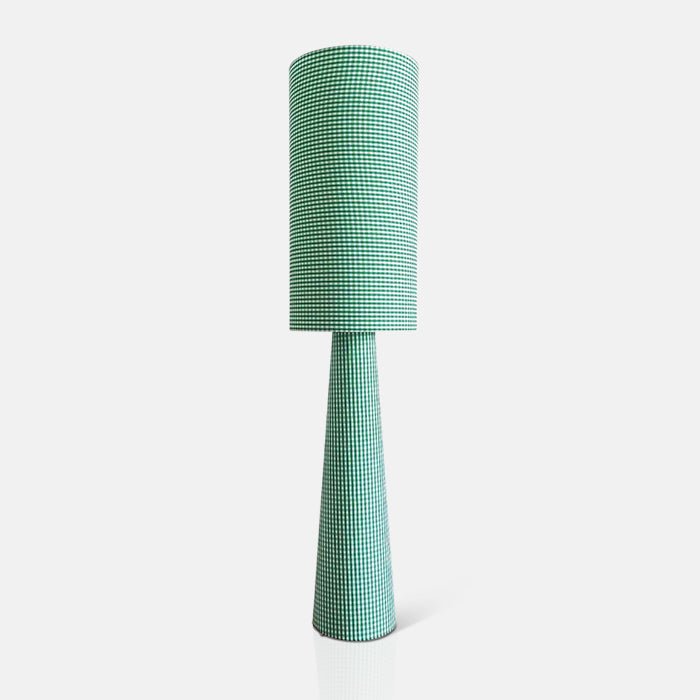 A cutout of the Rylan Floor Lamp - Green Gingham, a tall slim cylindrical floor lamp in green gingham fabric.