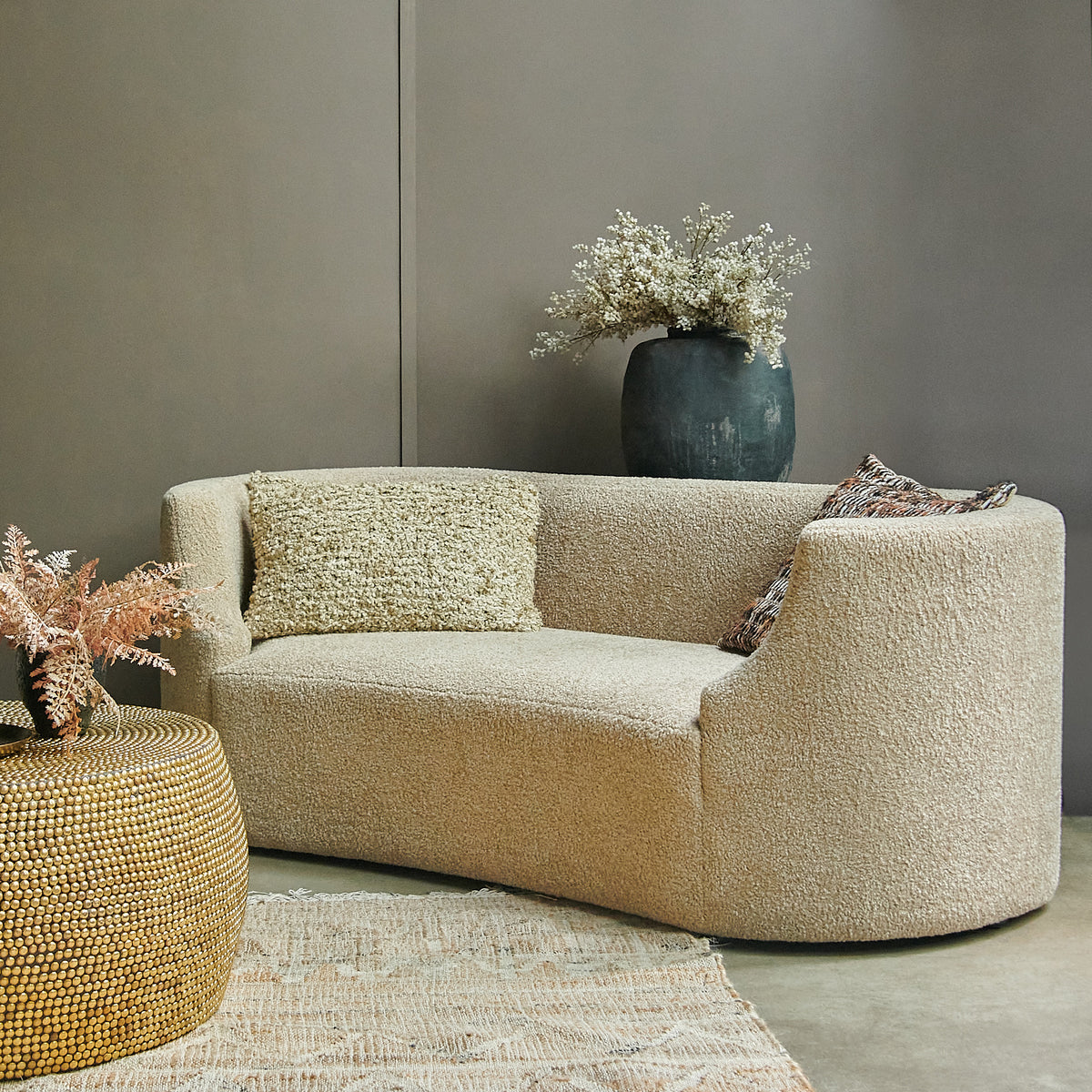 Samara boucle curved sofa cream two seater modern luxury living room furniture statement piece