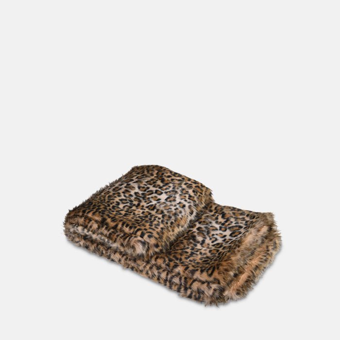 A cutout of the Savannah Throw, a faux fur leopard print throw.
