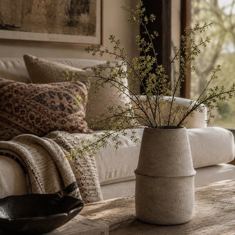 Selby Cement Vase with stacked sculptural form and pale textured finish, holding airy green branches on a coffee table in a warm neutral living room.