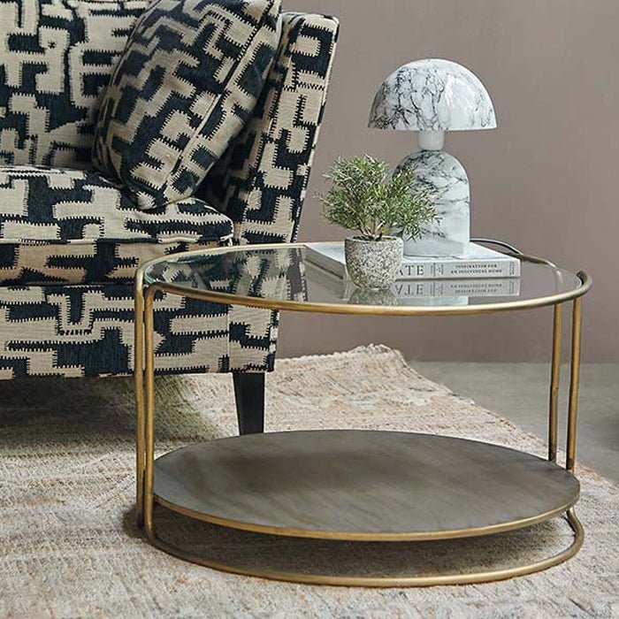 Shania glass coffee table round antique gold frame iron storage shelf luxury modern living room