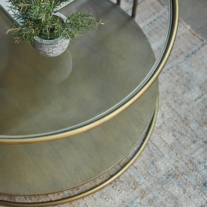 Shania coffee table top view glass round antique gold storage shelf luxury modern living room