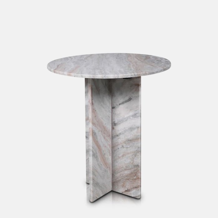 A cutout of the Tortona Side Table, a round table in rich brown and grey hued marble with a cross shaped pedestal base.