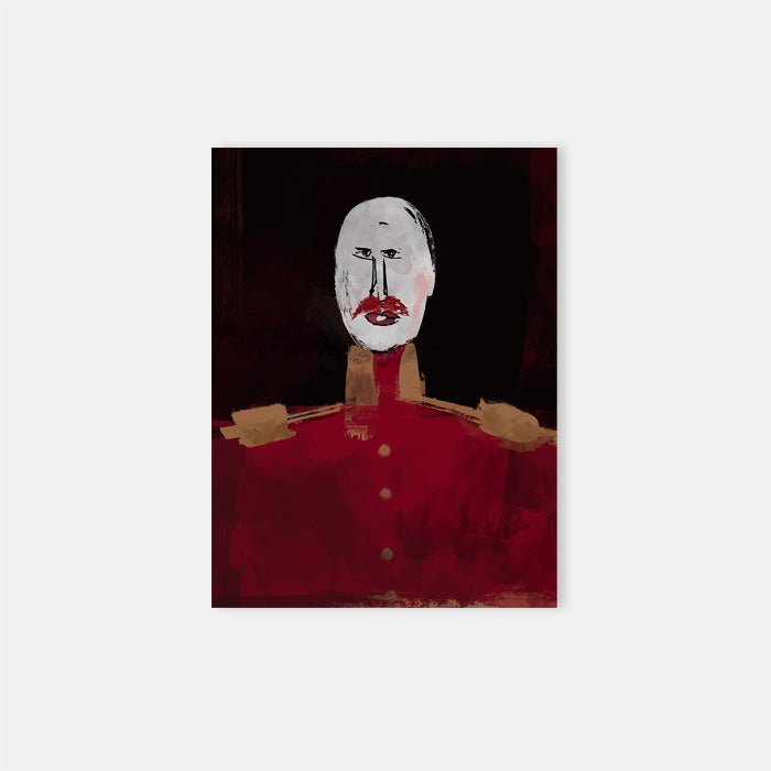 Valour, an abstract print of a male figure on a bold red jacket with gold epaulettes against a smudgy black background.