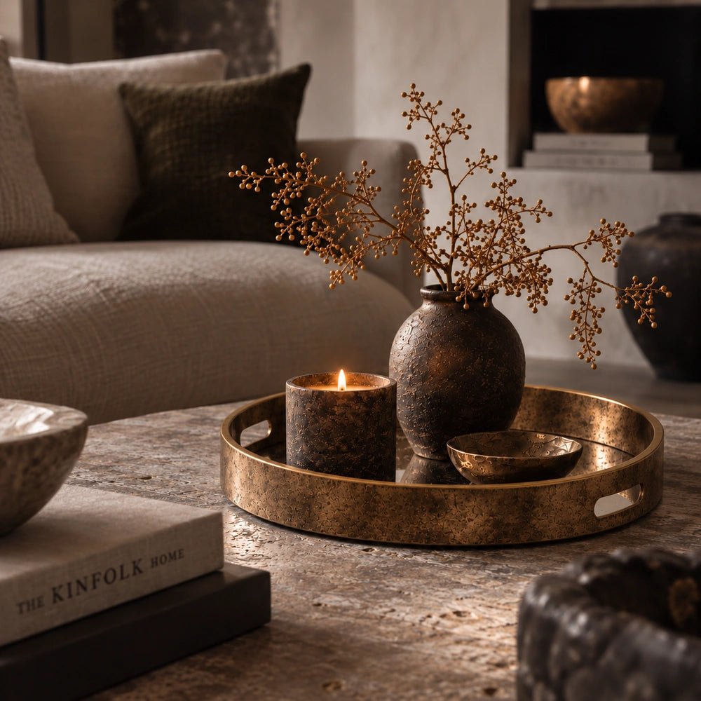 Wilton Tray with round warm brass finish, styled on a pale coffee table holding a candle and bowl beside neutral seating and dried foliage.
