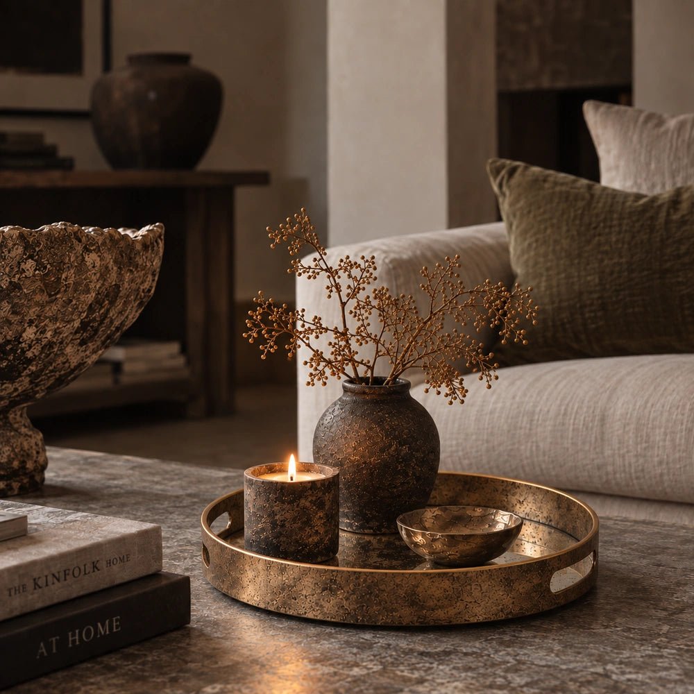 Wilton Tray with aged brass finish and raised circular rim, styled on a pale coffee table with candle, bowl, books and warm neutral furnishings.