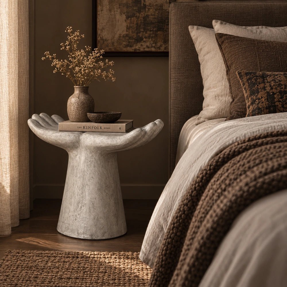 Aimee Abstract Stool shaped like open hands beside a bed, with a pale textured finish, stacked books, small vase and layered neutral bedroom textiles.