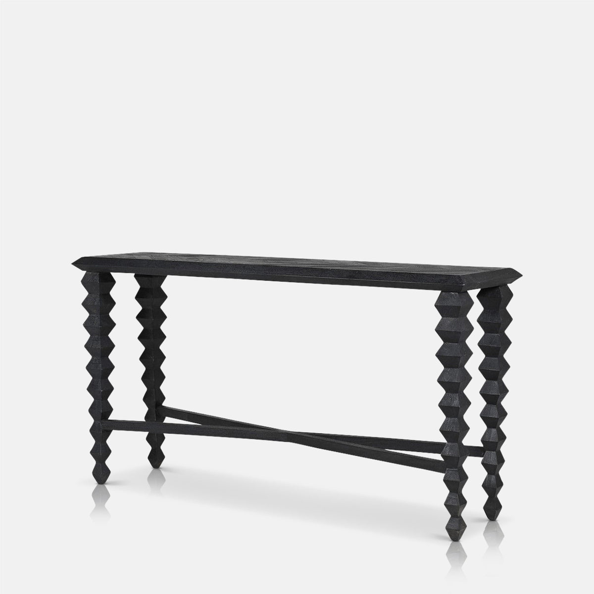 Abigail Ahern Antrim Wooden Console Table crafted from warm mango wood with a slim black frame, featuring a long rectangular surface and timeless, elegant silhouette.