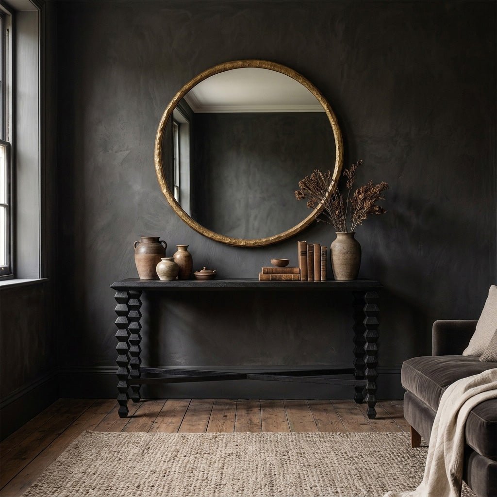 Abigail Ahern Antrim Wooden Console Table with a warm natural mango wood finish, styled in a contemporary interior as a practical and elegant console for displaying lamps, artwork and home accessories.