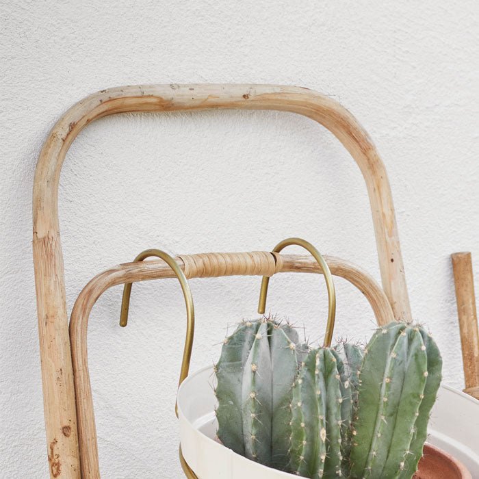 The Arden Bamboo Ladder, a small delicate ladder in light bamboo holding a white bucket containing a cactus.