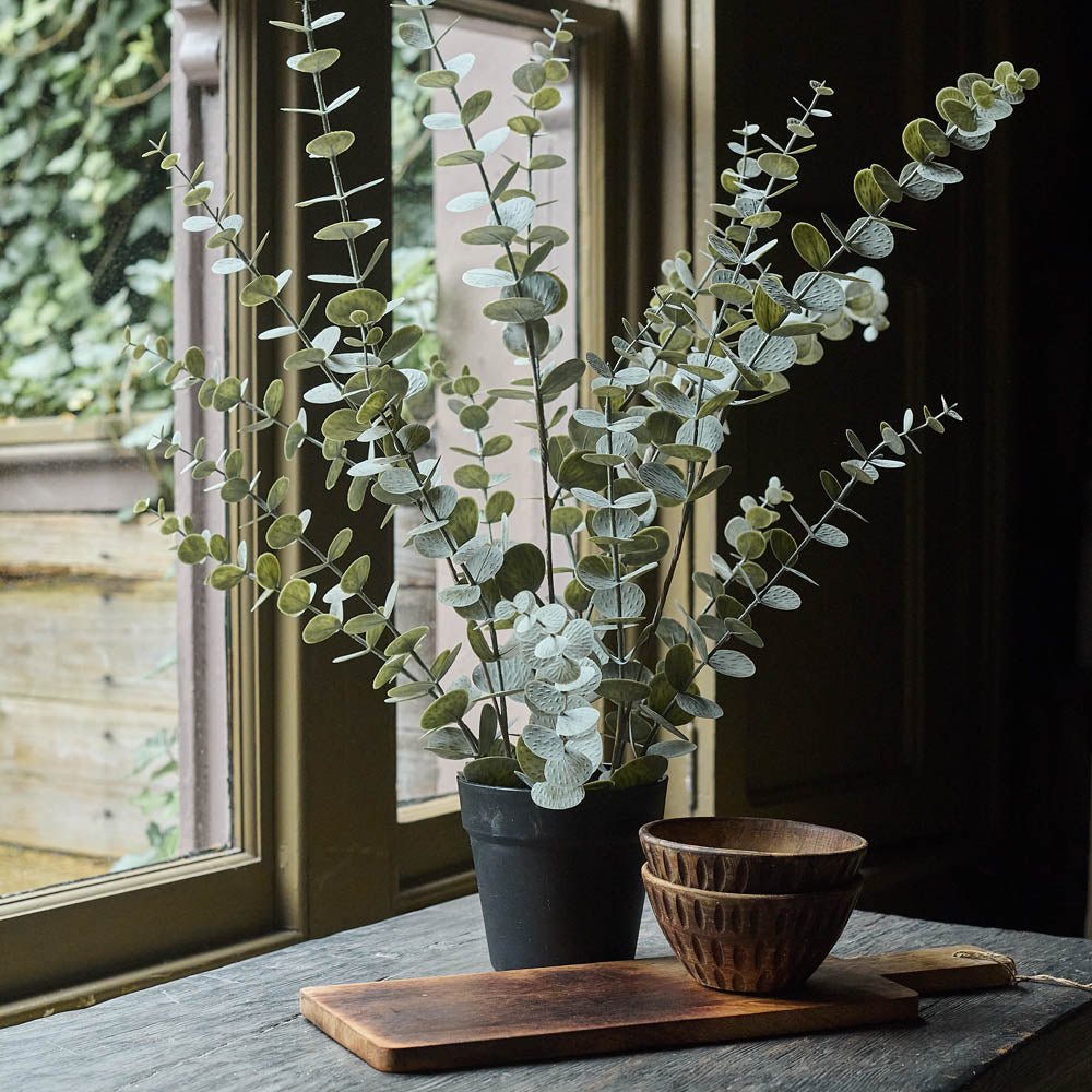 Artificial eucalyptus silver potted faux fake plant green grey leaves black pot realistic home decor