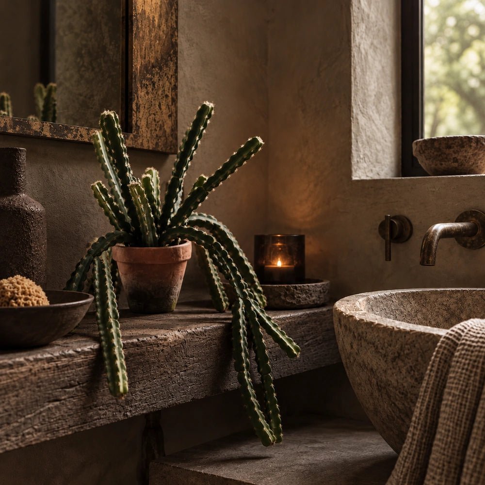 Artificial Trailing Hurricane Cactus with upright and cascading green stems in a terracotta pot, styled beside a textured stone basin and bronze coloured wall tap.