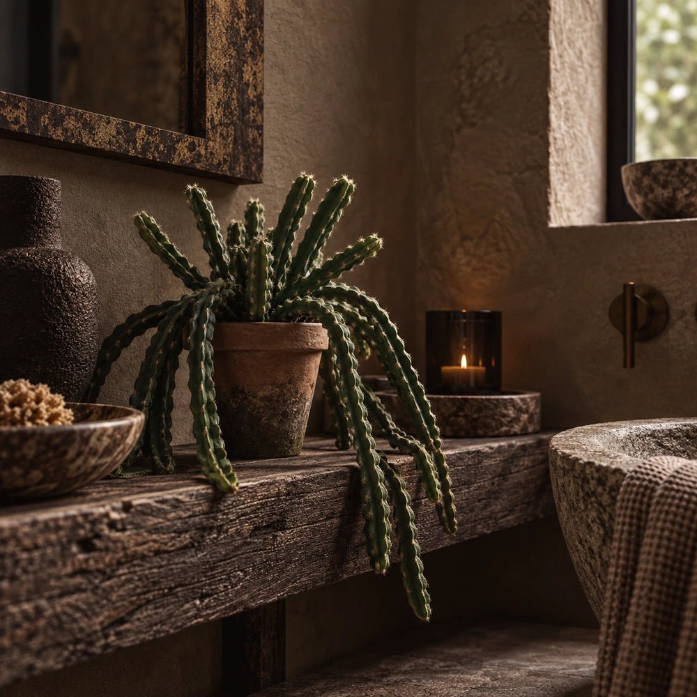 Artificial Trailing Hurricane Cactus with ribbed green stems and small pale spines in a weathered terracotta pot, arranged on a bathroom shelf beside a candle.