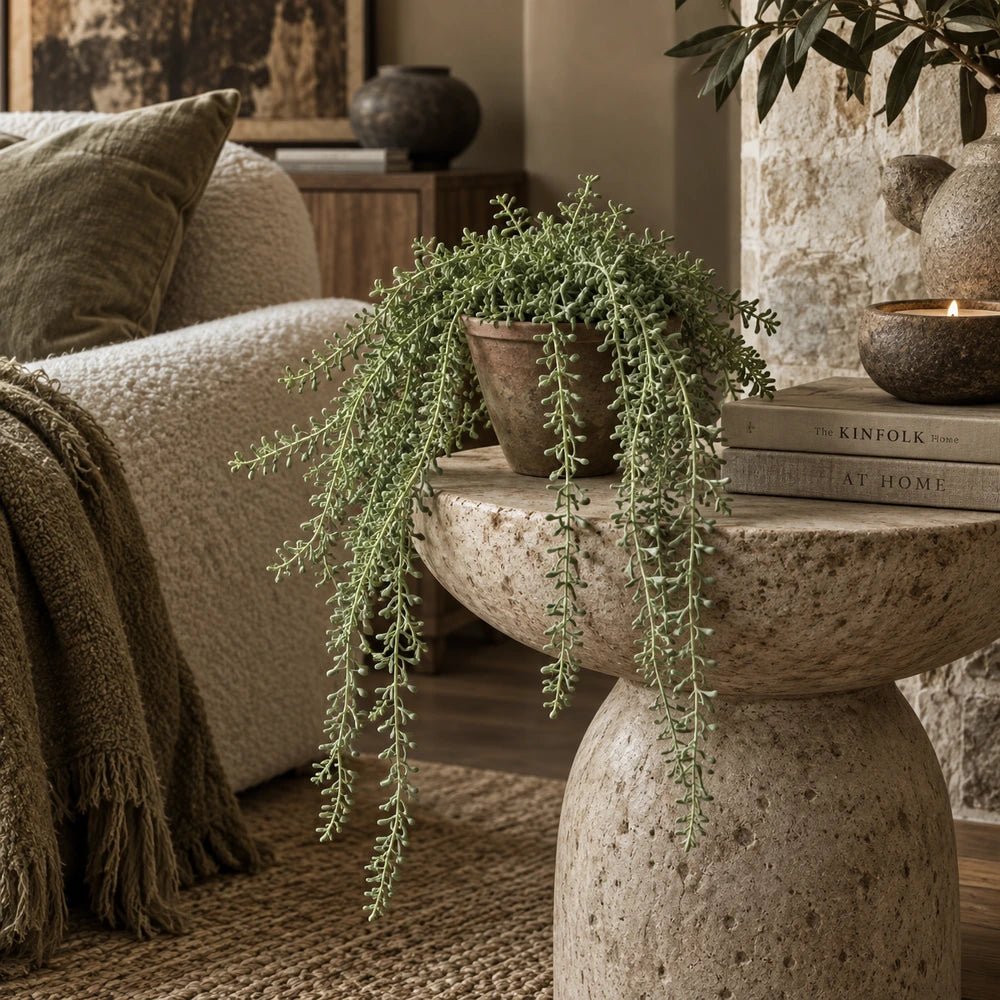 Artificial Trailing String of Pearls with delicate cascading green foliage in a weathered pot, styled on a round stone table beside books and a sofa.