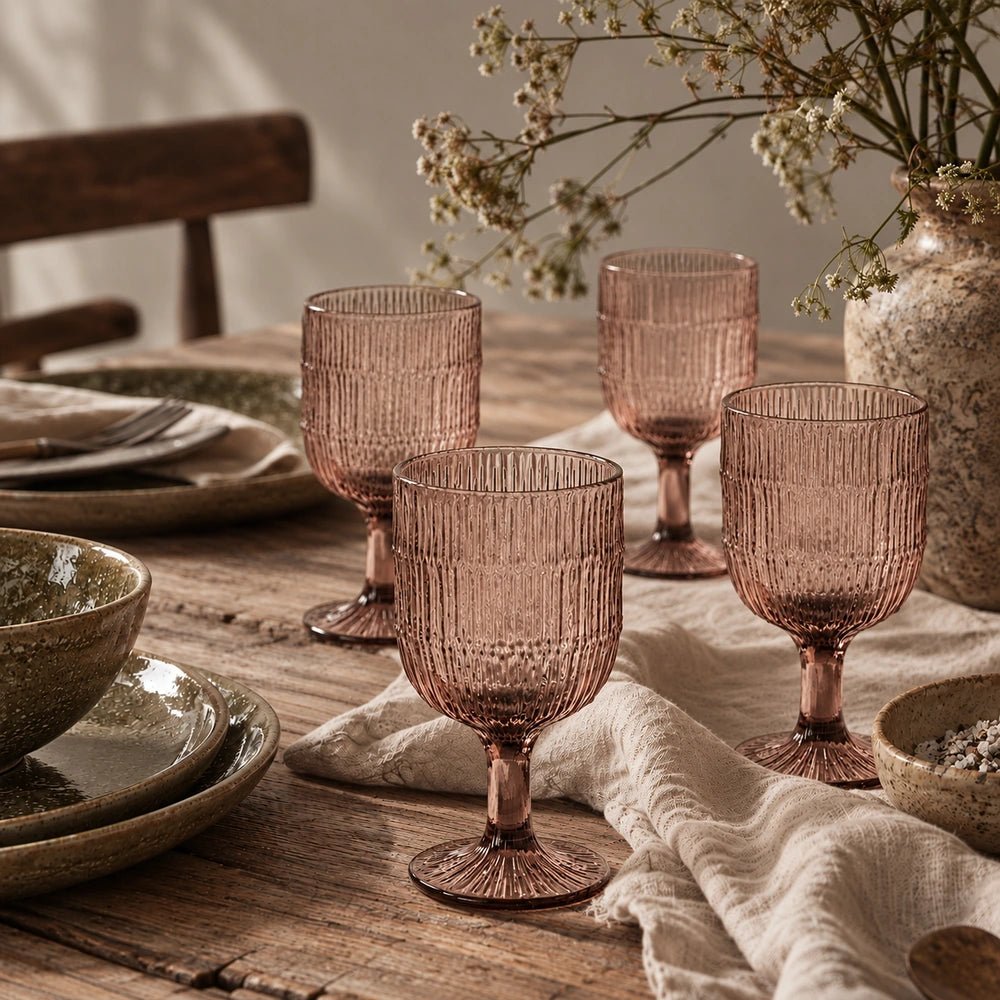 Aster Wine Glass, Blush set of four ribbed pink stemmed glasses styled on a rustic dining table with neutral linens, ceramic tableware and flowers.