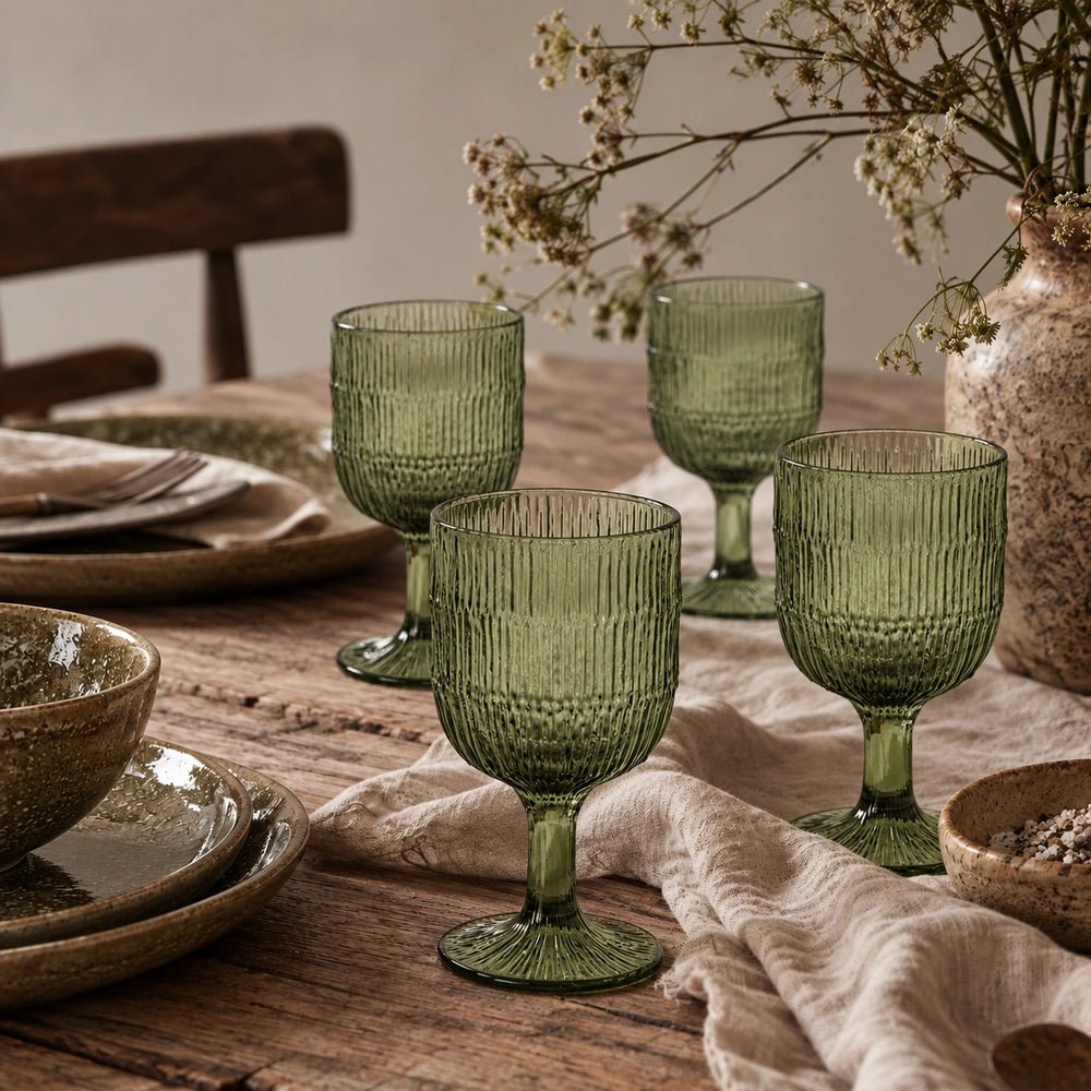 Aster Wine Glass, Green set of four ribbed green stemmed glasses arranged on a rustic dining table with neutral linens, ceramic tableware and delicate flowers.