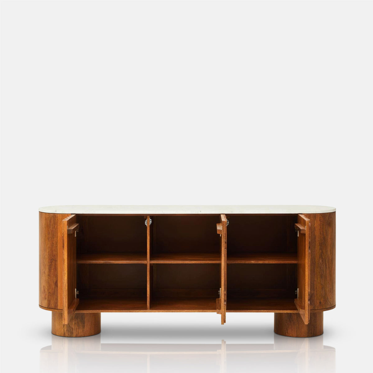 Abigail Ahern Attingham designer Wooden Sideboard with a natural mango wood frame, richly grained finish and genuine marble top, a unique design offering substantial enclosed storage.