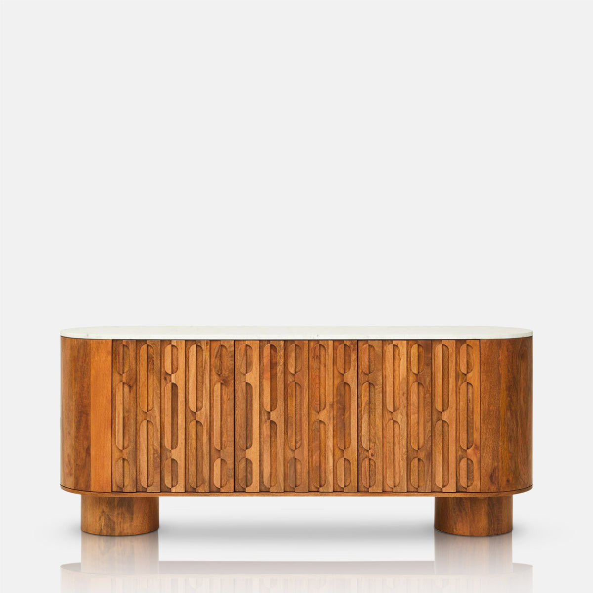 Abigail Ahern Attingham designer Wooden Sideboard with a natural mango wood frame, richly grained finish and genuine marble top, a unique design offering substantial enclosed storage.