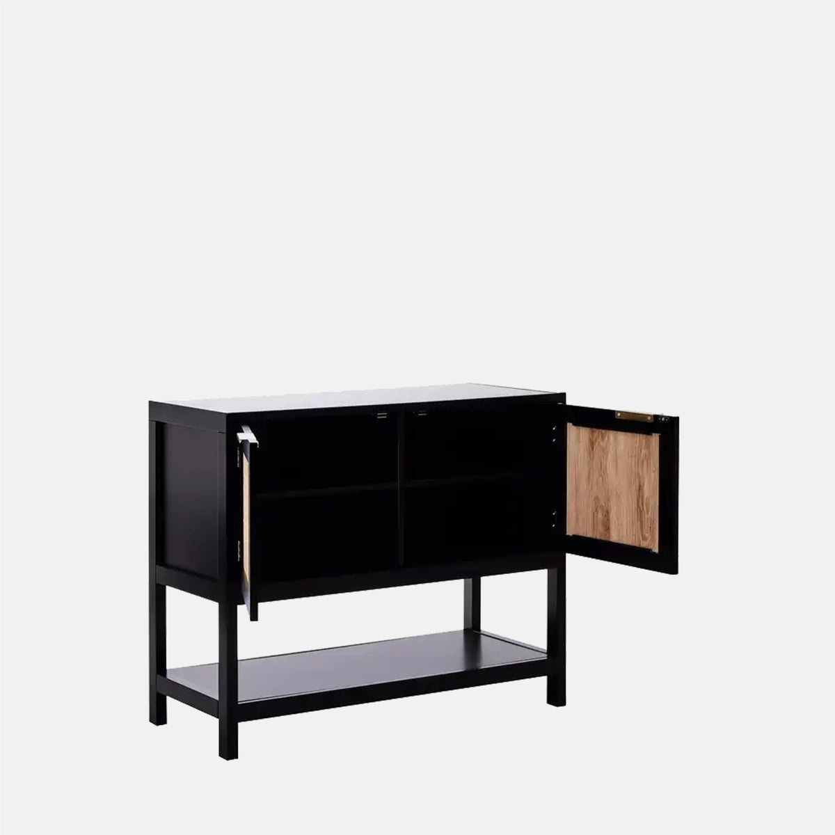 The Bailey Black Wood Cabiet shown wit the doors opened.