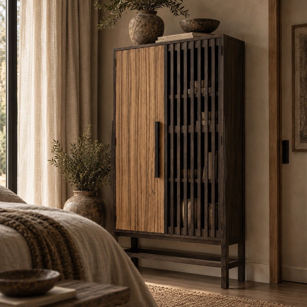 Batten Wooden Cabinet styled beneath artwork with decorative vessels and objects, bringing warm natural wood texture to a contemporary interior setting.
