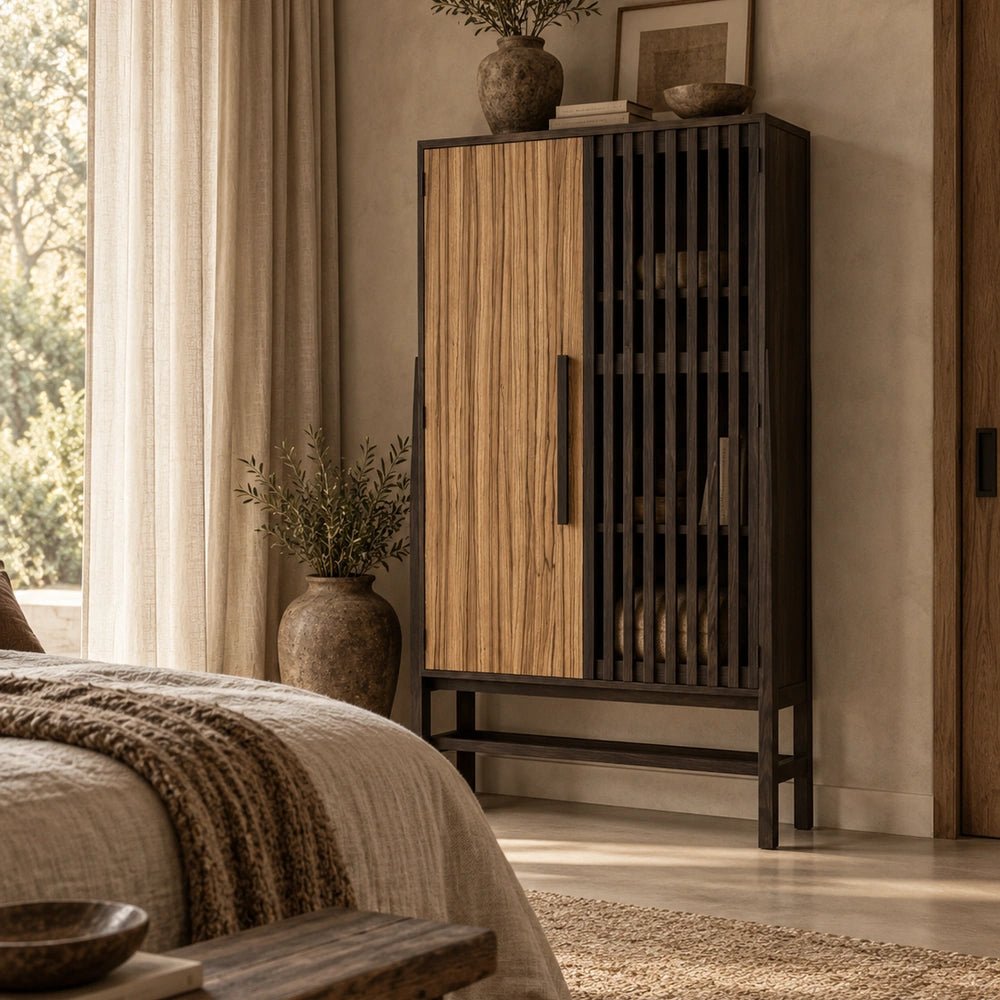 Batten Wooden Cabinet styled with sculptural vases and decorative objects in a warm contemporary room, highlighting natural wood texture and clean-lined storage.