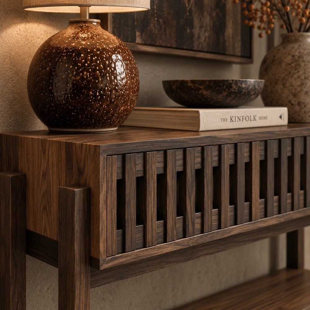 Batten Wooden Console Table close-up showing the slatted wood front and warm brown finish, styled with a textured table lamp, books and decorative bowls.
