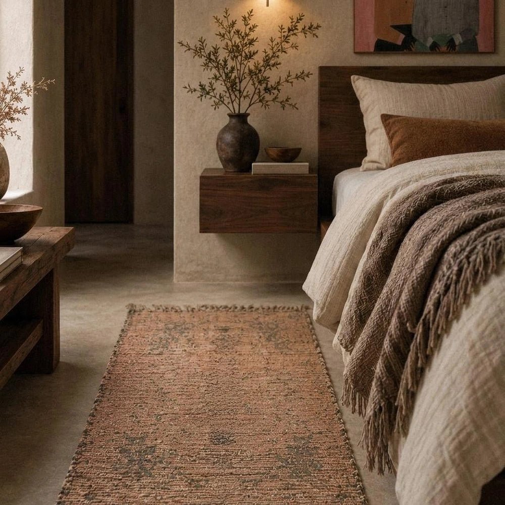 Bertie Chenille Rug grounding a warm contemporary living room with layered neutral furniture, natural textures and decorative accessories for a relaxed interior.