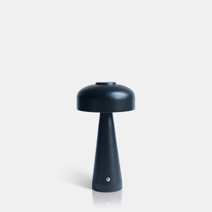 Cutout image on a white background of a rechargeable table lamp. This cordless lamp has a curved dome top and black finish.