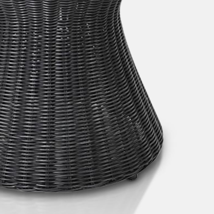 A closeup showing the woven black wicker detailing on the Black Tomo Wicker Stool.