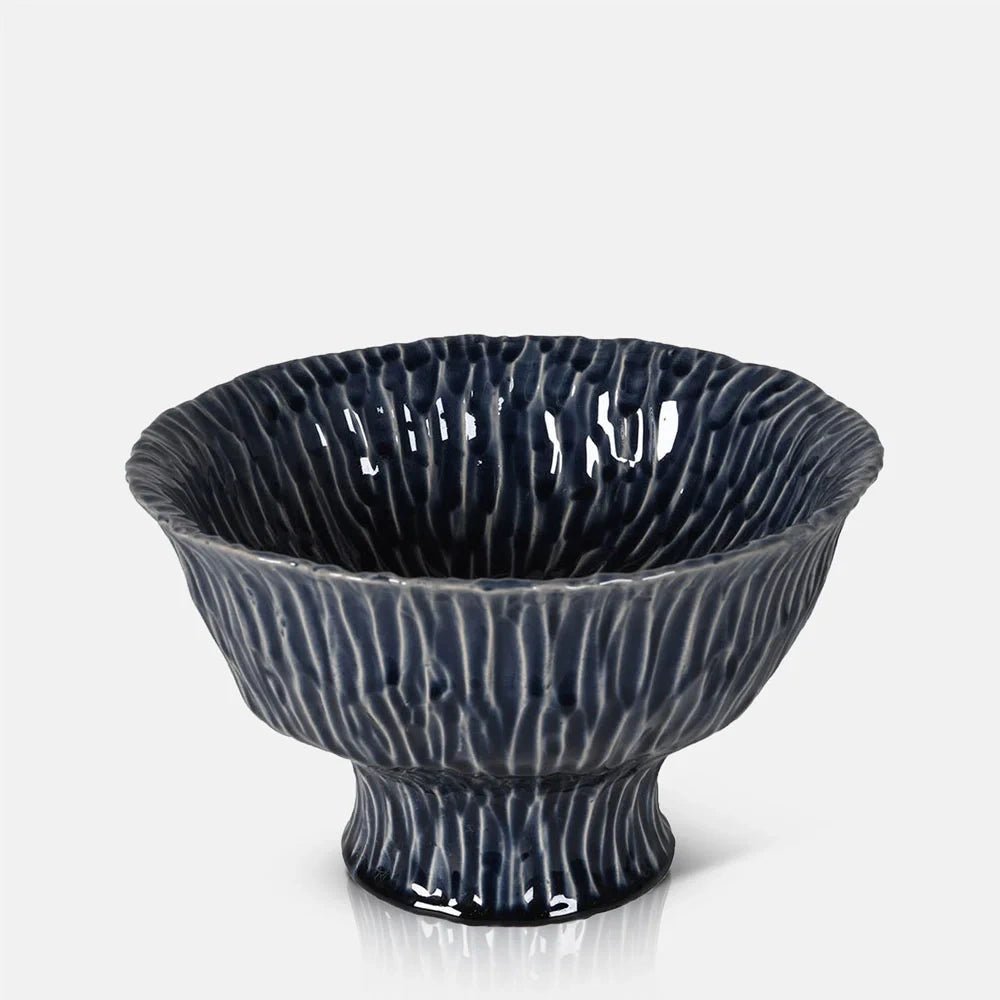Bowham Ceramic Decorative Bowl with a dark glossy finish, flared sides and raised branching texture, resting on a narrow foot beneath its wide rim.