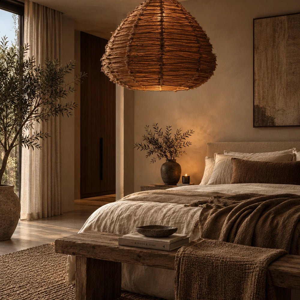 Brenta Fabric Pendant Light suspended above a dining table in a warm neutral interior, with softly textured shade and layered contemporary furnishings.