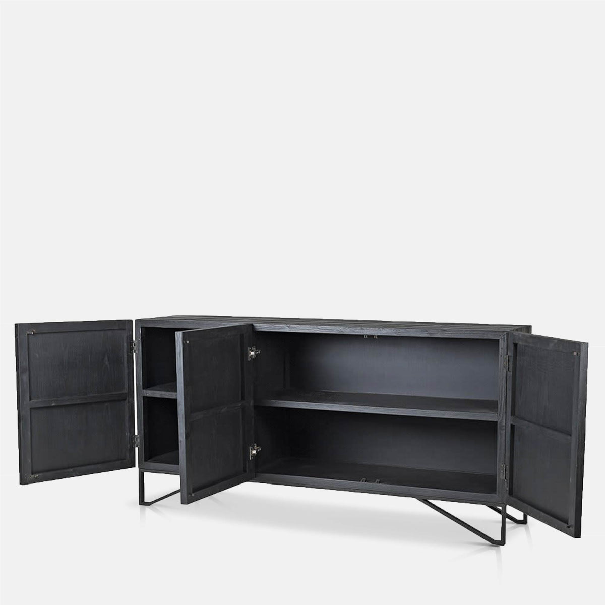 Abigail Ahern Bronte Wooden Console Table featuring a substantial recycled elm top, characterful wood grain, black iron frame and generous shelves for stylish storage.