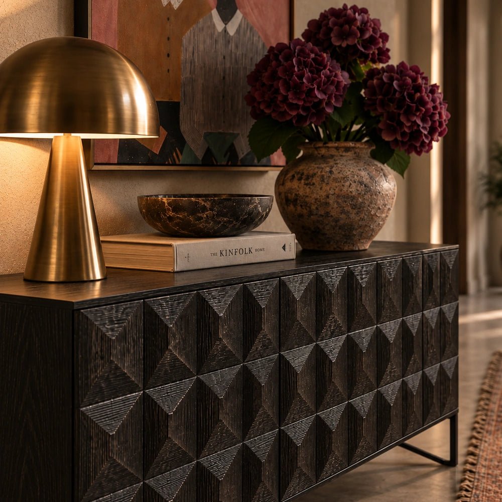 Bronte Wooden Console Table styled with textured vases and decorative objects in a warm neutral interior, showcasing its natural wood finish and silhouette.