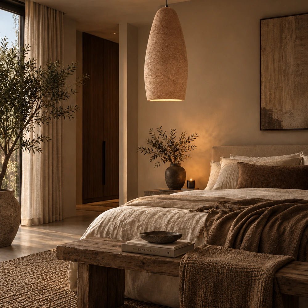 Cambria Paper Mache Pendant Light with elongated textured shade, suspended above a warm neutral bedroom with layered bedding, wooden bench and leafy indoor plants.