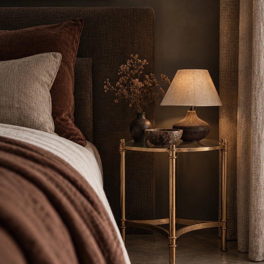 Carson Side Table positioned beside a layered neutral bed, styled with a table lamp and vase in a warm contemporary bedroom.