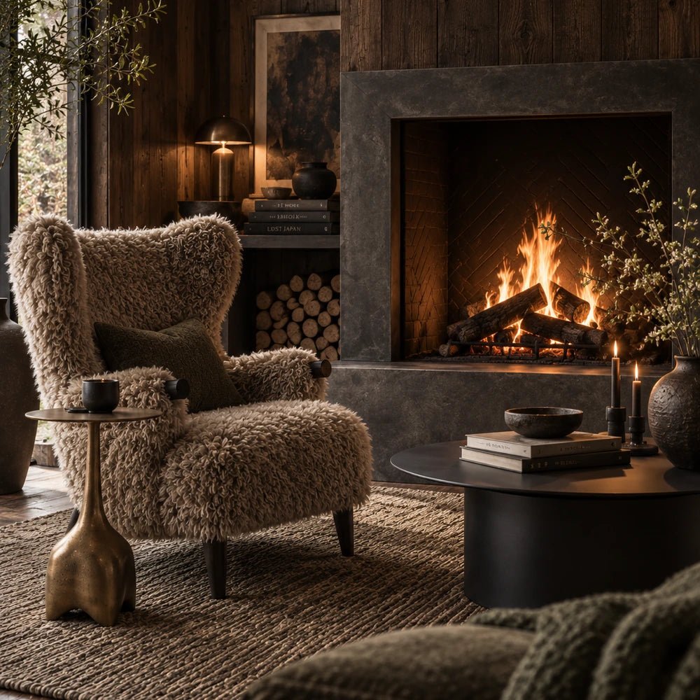 Chalford Faux Fur Armchair beside a lit fireplace in a dark cosy living room, showing its plush cream textured upholstery and rounded form.
