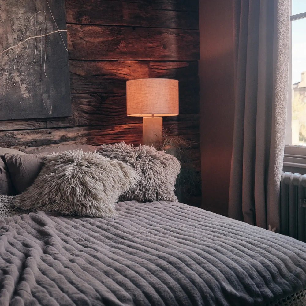 Chandler faux fur throw in muted taupe with broad ribbed texture, spread across a bed with soft cushions beside a glowing lamp and dark wall.
