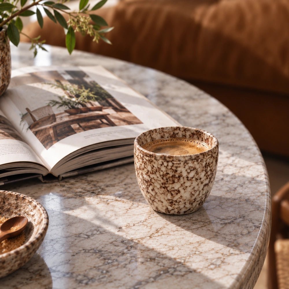 Chorley Stoneware Cup, Mocha styled beside an open interiors book on a pale marble table, with mottled brown glaze and softly lit neutral seating behind.