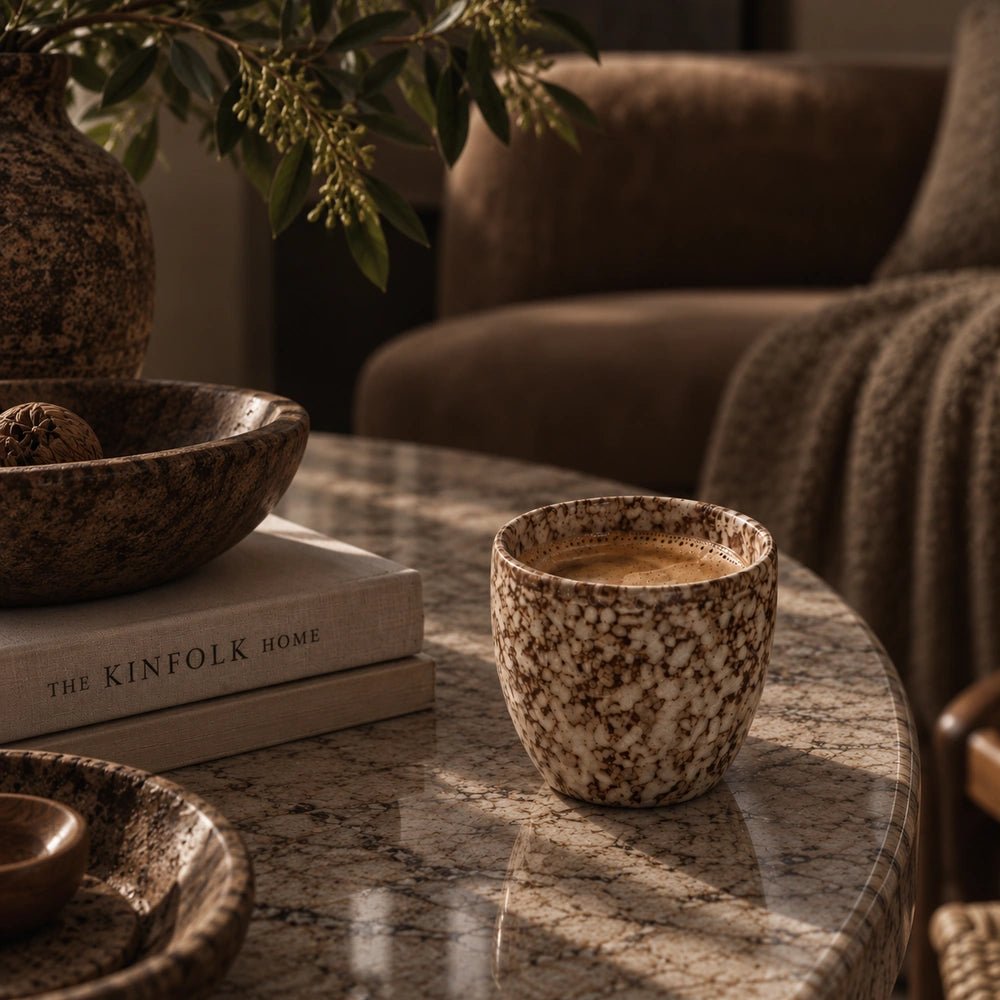 Chorley Stoneware Cup, Mocha with mottled cream and brown glaze, styled with coffee on a marble table beside books, decorative bowls and neutral seating.